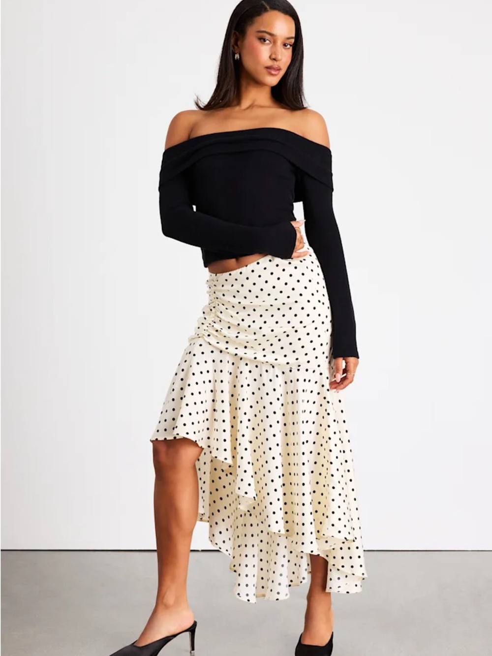 Cream and Black Polka Dot Asymmetrical Ruffle Skirt NWT